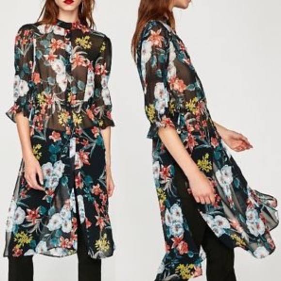 Zara Dresses & Skirts - Floral Print Sheer Midi Shirt Dress